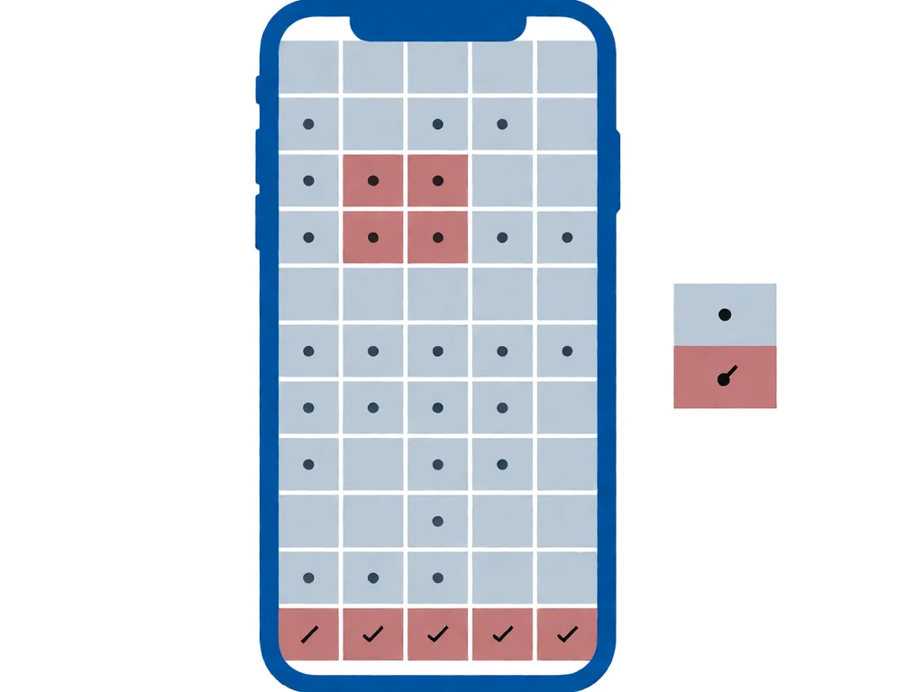 A front-on smartphone screen divided into a 6 by 8 grid of squares, most squares light blue-grey, with several muted-red dead-zone squares in the upper-middle and along the bottom edge, each marked with a small dot, plus a small colour-only legend on the right.