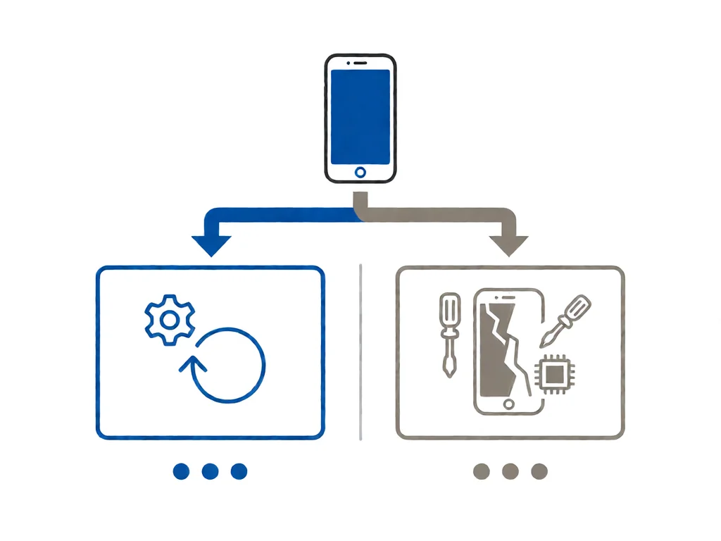 Flat diagnostic decision tree on a white background: a single phone at the top branches to a left box (software, gear and refresh-arrow symbols, blue outline) and a right box (hardware, screwdriver and chip symbols, broken-screen phone, grey outline).
