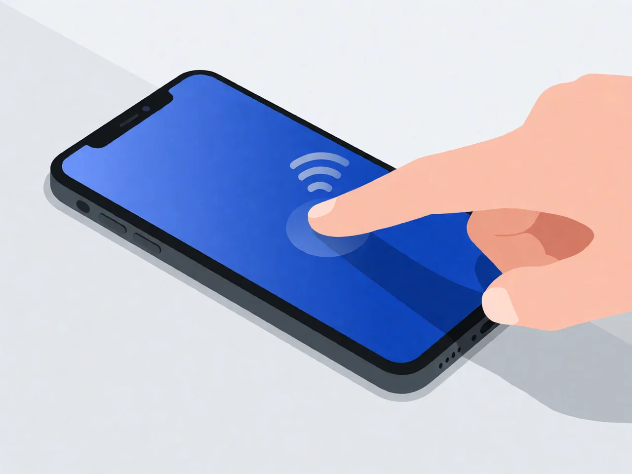 A single smartphone on a light-grey surface with a smooth blue gradient screen, and an index finger pressing on the centre of the display with no ripple or response indicator visible on the screen.