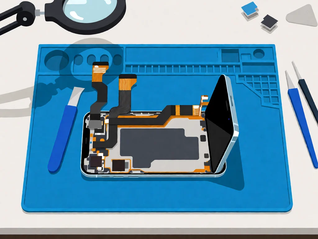 A smartphone with its display assembly lifted slightly open on a blue anti-static repair mat, showing two thin ribbon flex cables and a small touch controller IC, alongside a blue plastic spudger and tweezers, with a magnifying lamp arm in the upper corner.