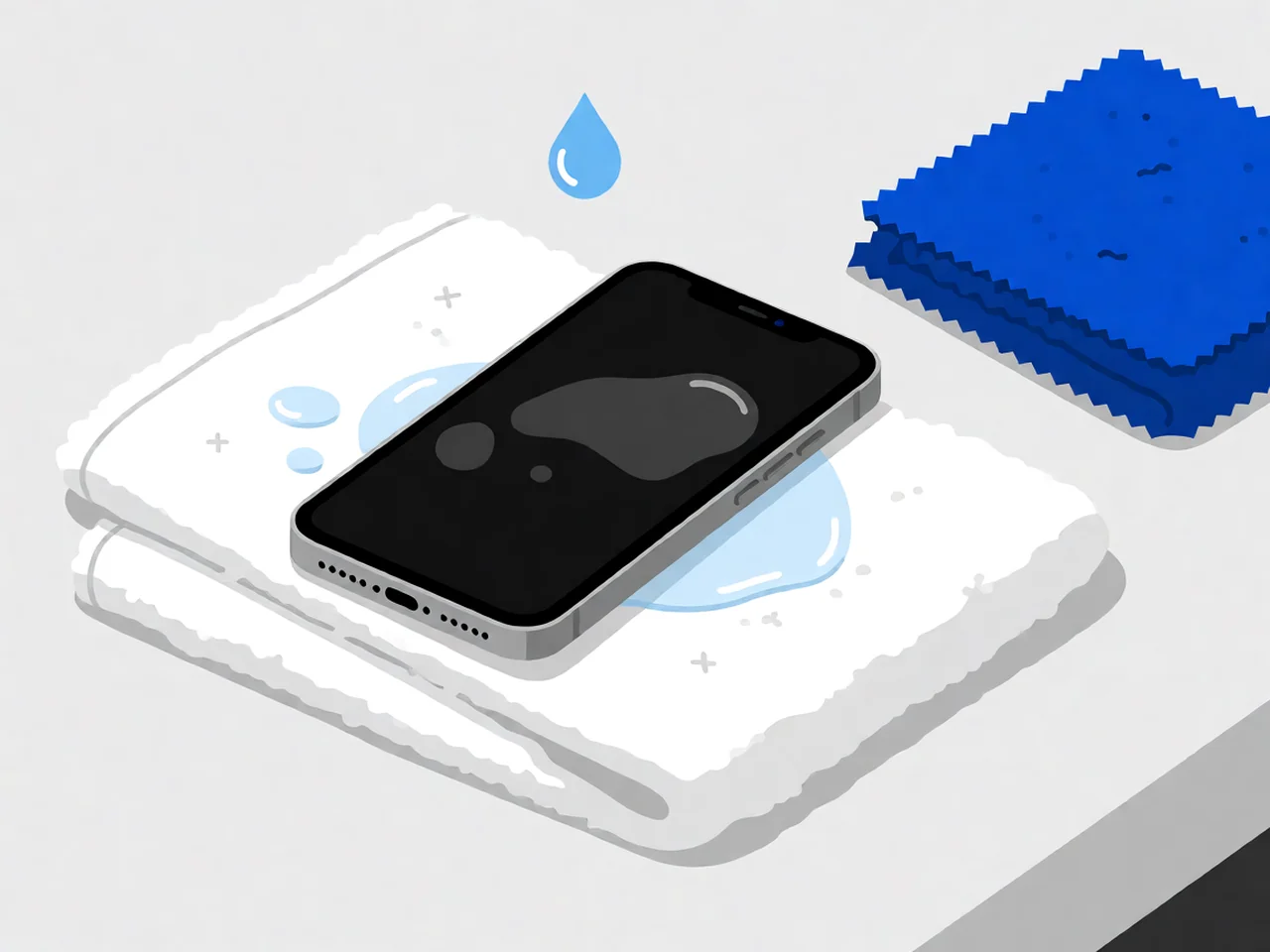 A single smartphone lying at an angle on a folded white towel, with a few clear water droplets beside it and one large droplet mid-fall above the phone, alongside a folded blue microfibre cloth.
