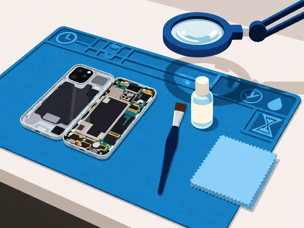 A smartphone with its back cover removed on a blue anti-static repair mat, exposing the mainboard and battery, alongside a soft anti-static cleaning brush with a dark blue handle, a small bottle of clear cleaning fluid, and a folded blue microfibre cloth, with a magnifying lamp arm curving in from the upper right.