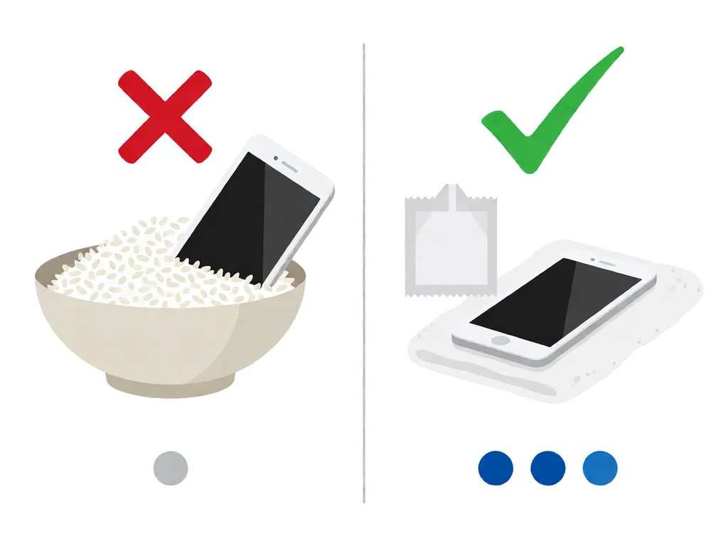 Flat comparison infographic: left panel shows a smartphone half-buried in a bowl of rice with a large red cross above it; right panel shows a smartphone lying on a white towel next to a small white silica-gel desiccant packet with a large green checkmark above it.