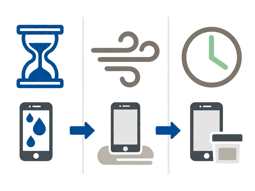 Three vertical panels forming a timeline infographic: left shows a blue hourglass symbol above a phone with water droplets on its screen; middle shows grey airflow lines above a phone standing on a towel; right shows a clock with green hands above a phone next to a small sealed container.