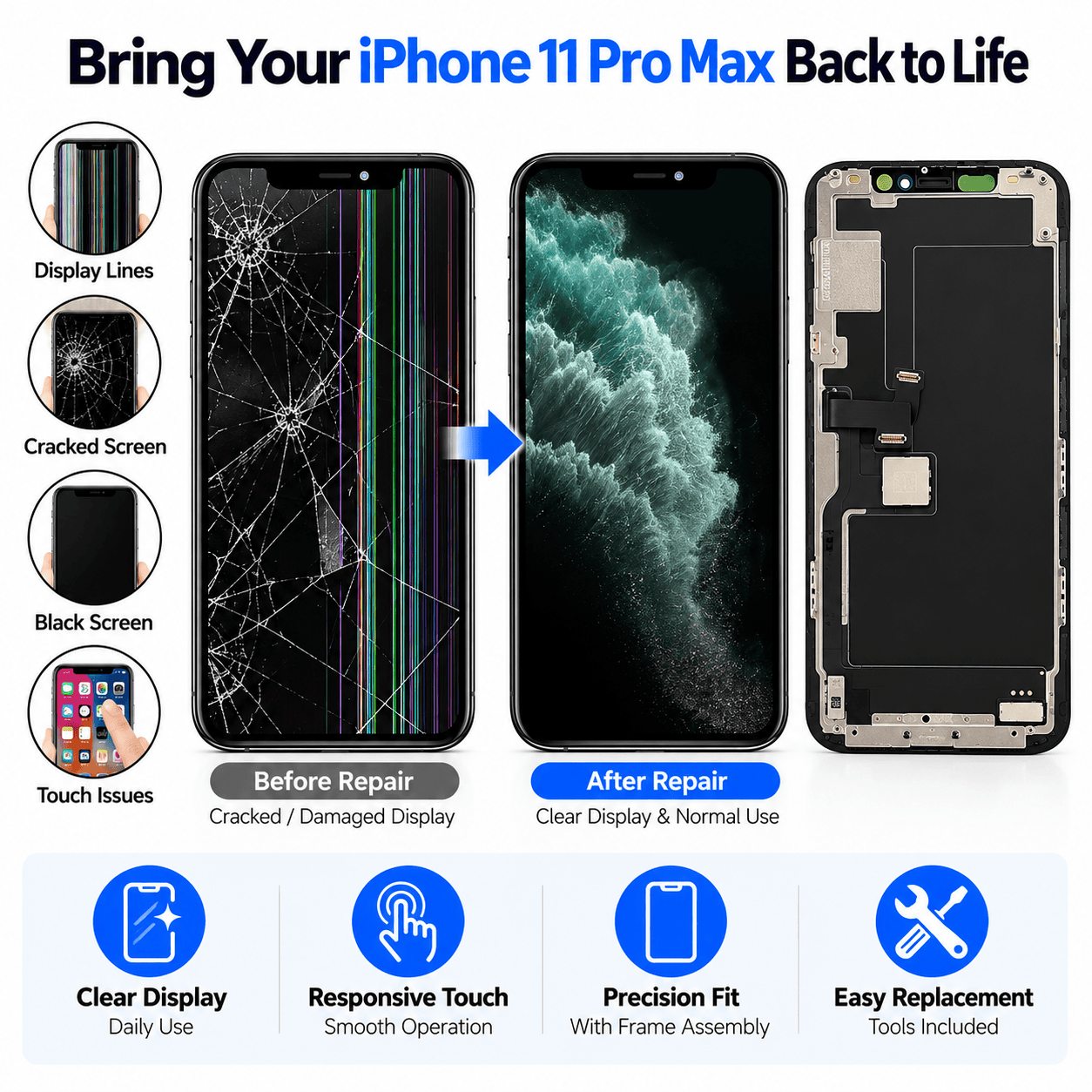 iPhone 11 Pro Max TFT Replacement Screen Assembly & Repair Tools - product image